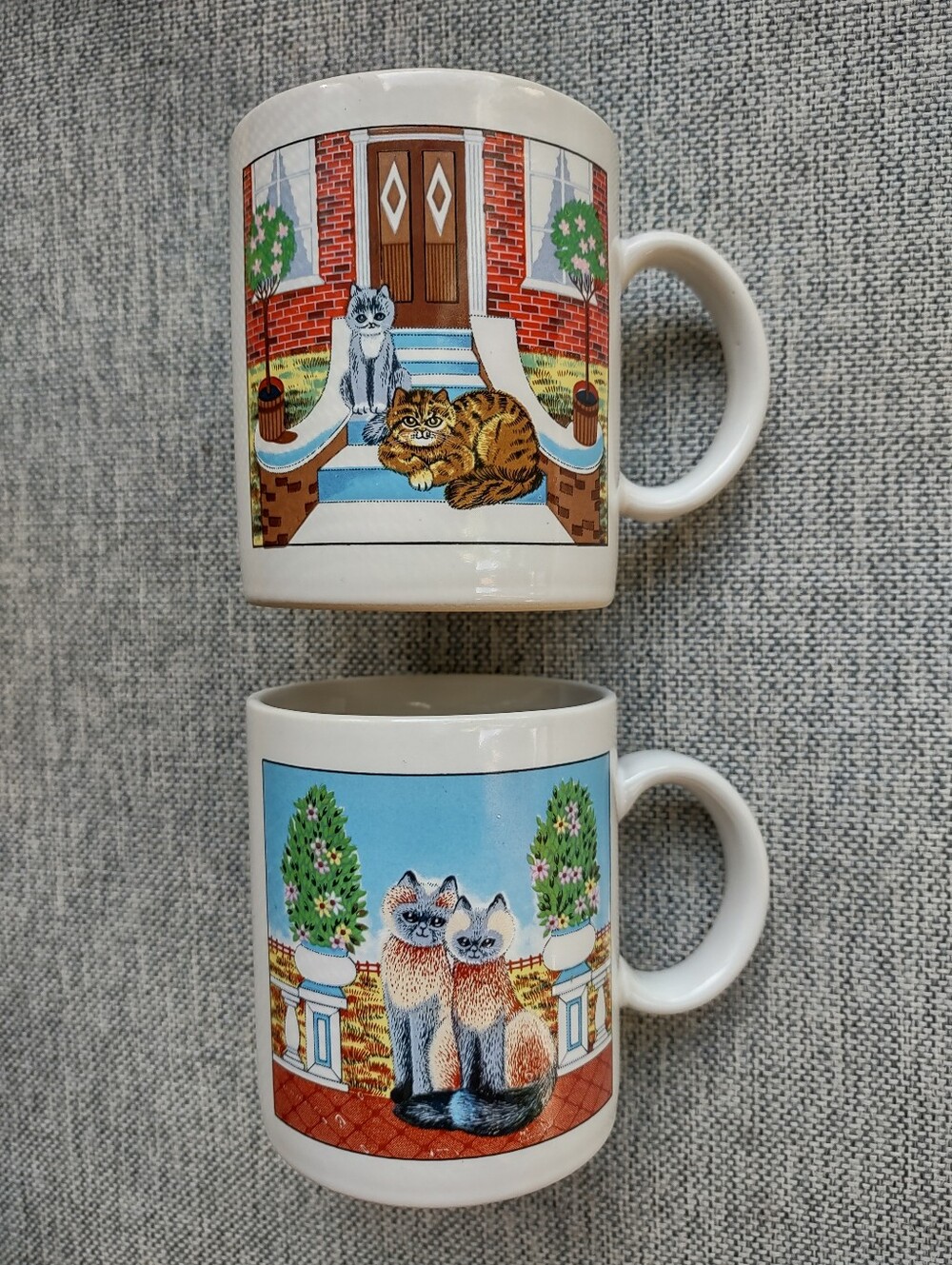 Cat Mugs Set of 2 Whimsical Illustrated Cats Ceramic Coffee Tea Japanese 8oz